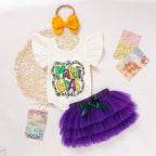 Baby Girls' Mardi Gras Outfit Set Ruffle Sleeve Letter Print Bodysuit, Mesh Tutu Skirt & Hairband - LumiNest 