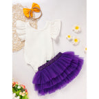 Baby Girls' Mardi Gras Outfit Set Ruffle Sleeve Letter Print Bodysuit, Mesh Tutu Skirt & Hairband - LumiNest 