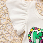 Baby Girls' Mardi Gras Outfit Set Ruffle Sleeve Letter Print Bodysuit, Mesh Tutu Skirt & Hairband - LumiNest 