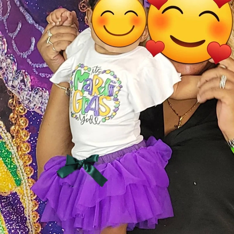 Baby Girls' Mardi Gras Outfit Set Ruffle Sleeve Letter Print Bodysuit, Mesh Tutu Skirt & Hairband - LumiNest 