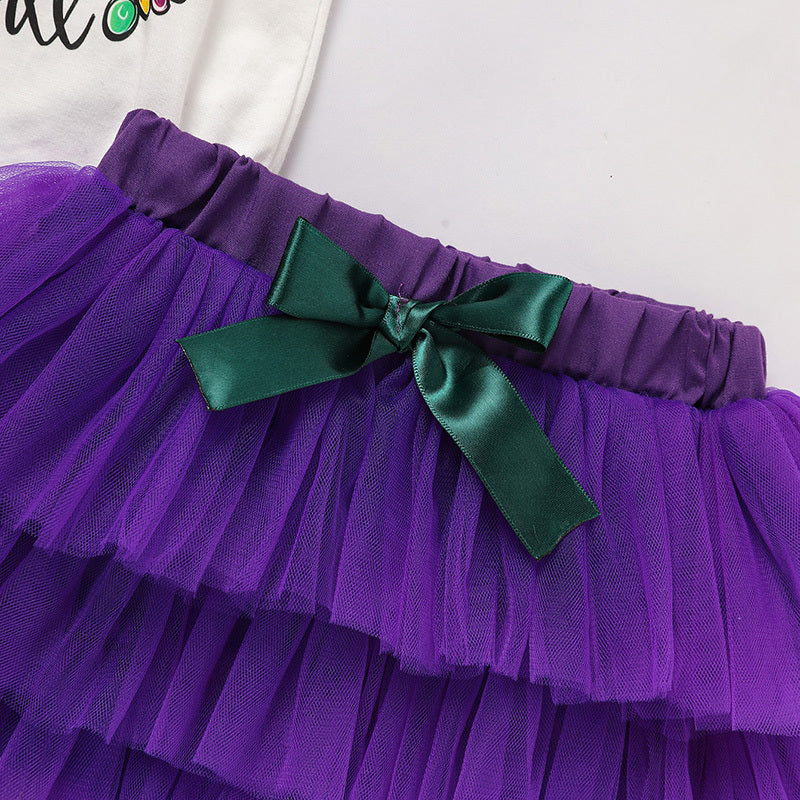 Baby Girls' Mardi Gras Outfit Set Ruffle Sleeve Letter Print Bodysuit, Mesh Tutu Skirt & Hairband - LumiNest 