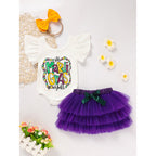 Baby Girls' Mardi Gras Outfit Set Ruffle Sleeve Letter Print Bodysuit, Mesh Tutu Skirt & Hairband - LumiNest 