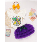 Baby Girls' Mardi Gras Outfit Set Ruffle Sleeve Letter Print Bodysuit, Mesh Tutu Skirt & Hairband - LumiNest 
