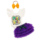 Baby Girls' Mardi Gras Outfit Set Ruffle Sleeve Letter Print Bodysuit, Mesh Tutu Skirt & Hairband - LumiNest 