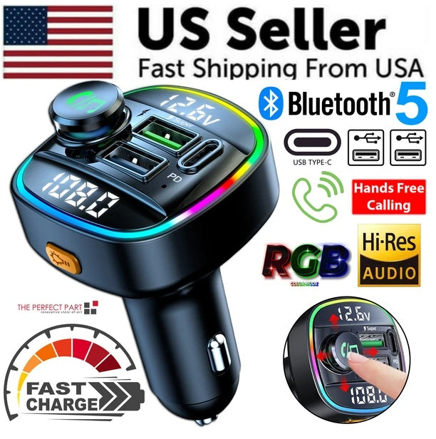 Bluetooth 5.0 Car Wireless FM Transmitter Adapter USB PD Charger AUX Hands-Free - LumiNest 