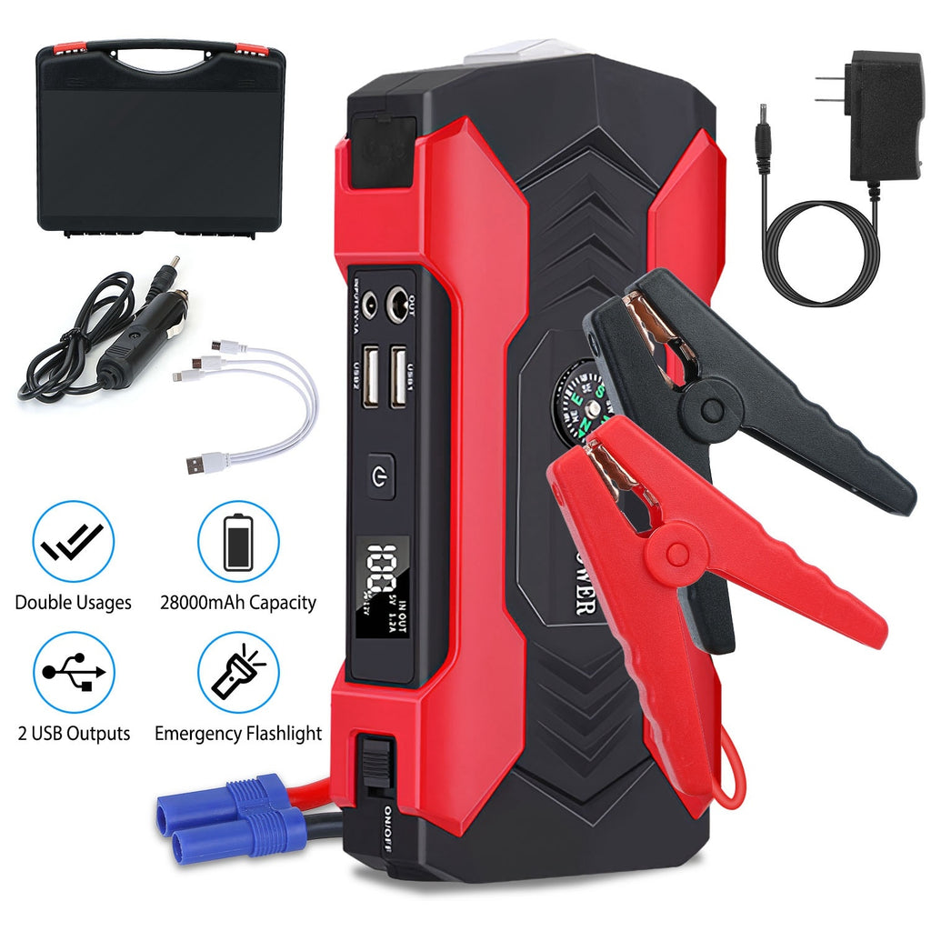 Car Jump Starter Booster 800A Peak 28000mAh 12V Battery Charger Up To 6.0L Gas Or 3.0L Diesel Engine With LCD Screen 4 Modes LED Flashlight - LumiNest 