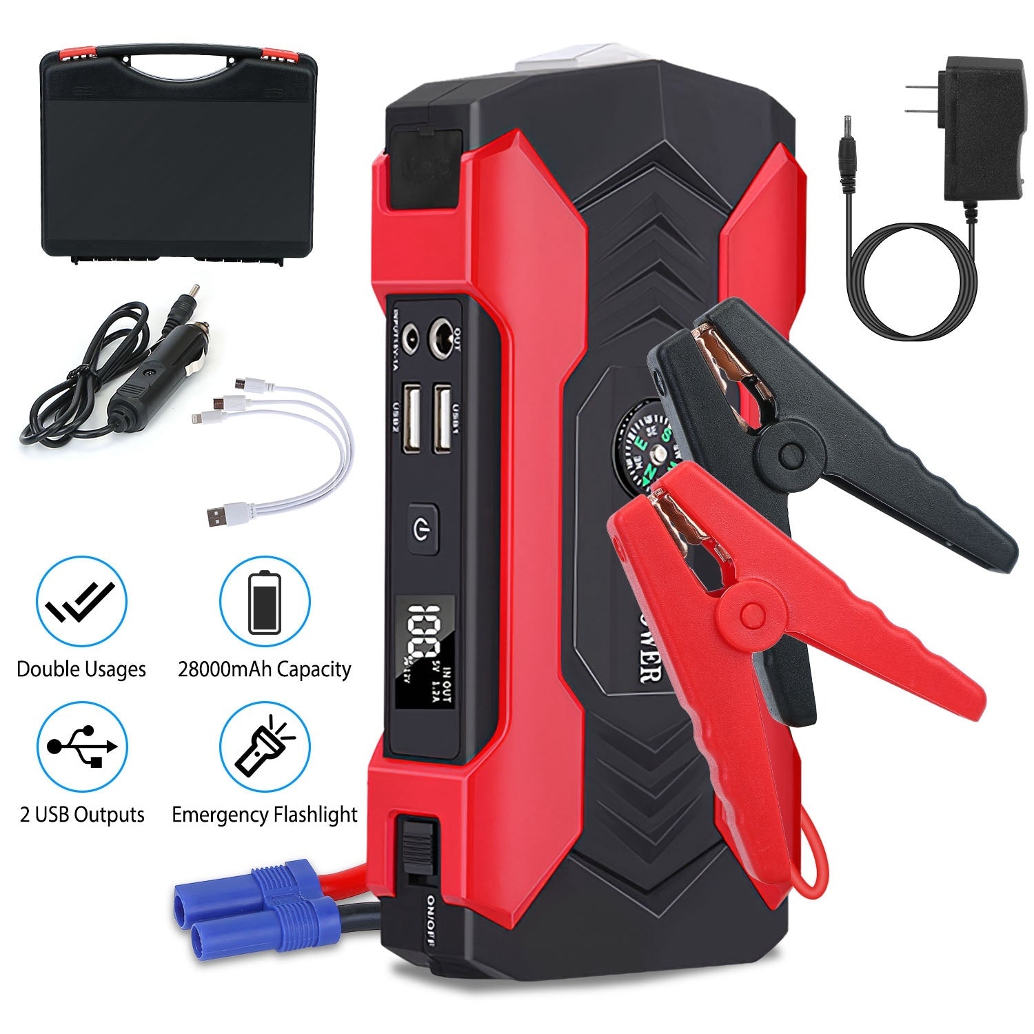 Car Jump Starter Booster 800A Peak 28000mAh 12V Battery Charger Up To 6.0L Gas Or 3.0L Diesel Engine With LCD Screen 4 Modes LED Flashlight - LumiNest 