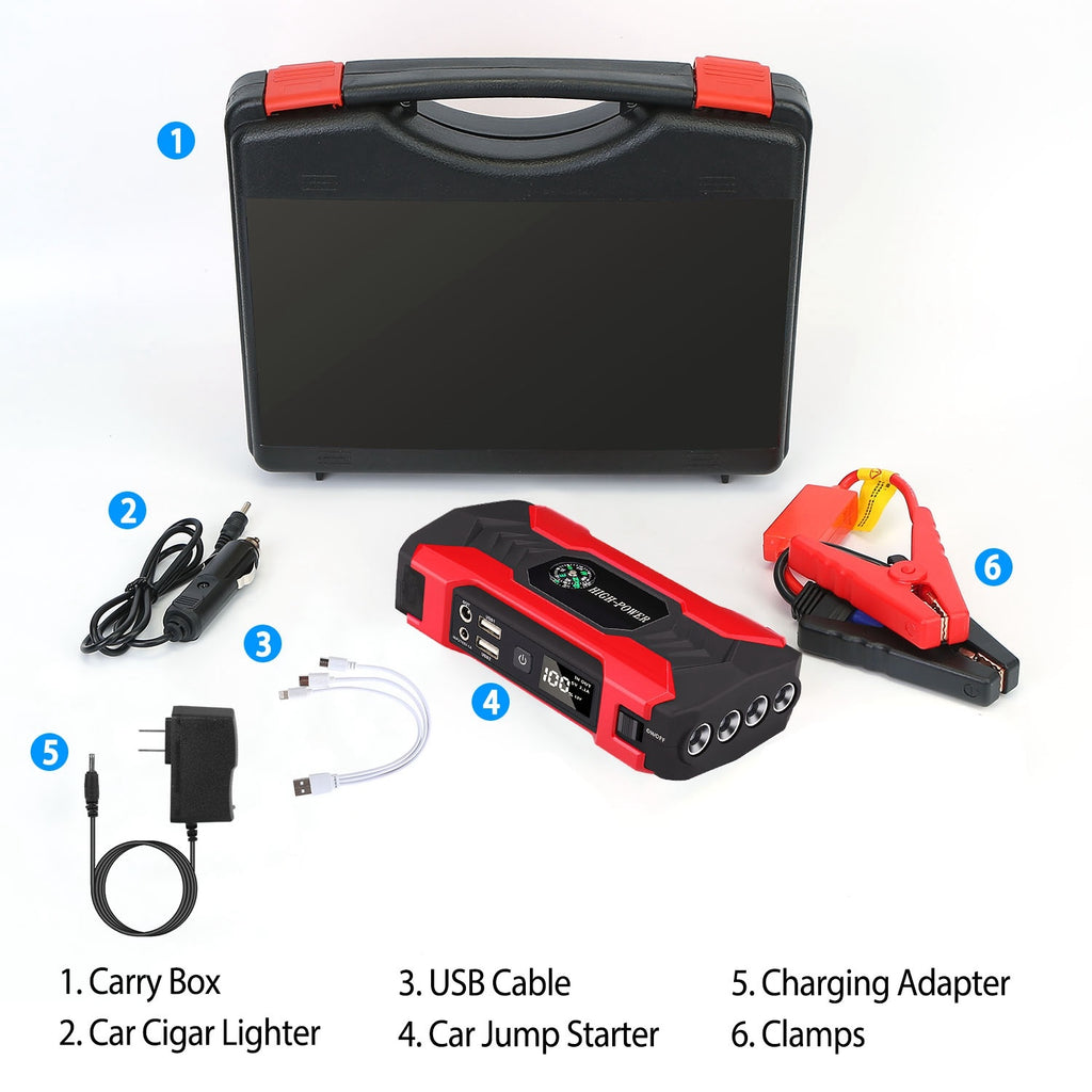 Car Jump Starter Booster 800A Peak 28000mAh 12V Battery Charger Up To 6.0L Gas Or 3.0L Diesel Engine With LCD Screen 4 Modes LED Flashlight - LumiNest 