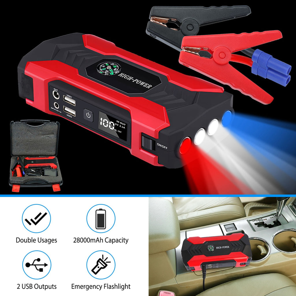 Car Jump Starter Booster 800A Peak 28000mAh 12V Battery Charger Up To 6.0L Gas Or 3.0L Diesel Engine With LCD Screen 4 Modes LED Flashlight - LumiNest 