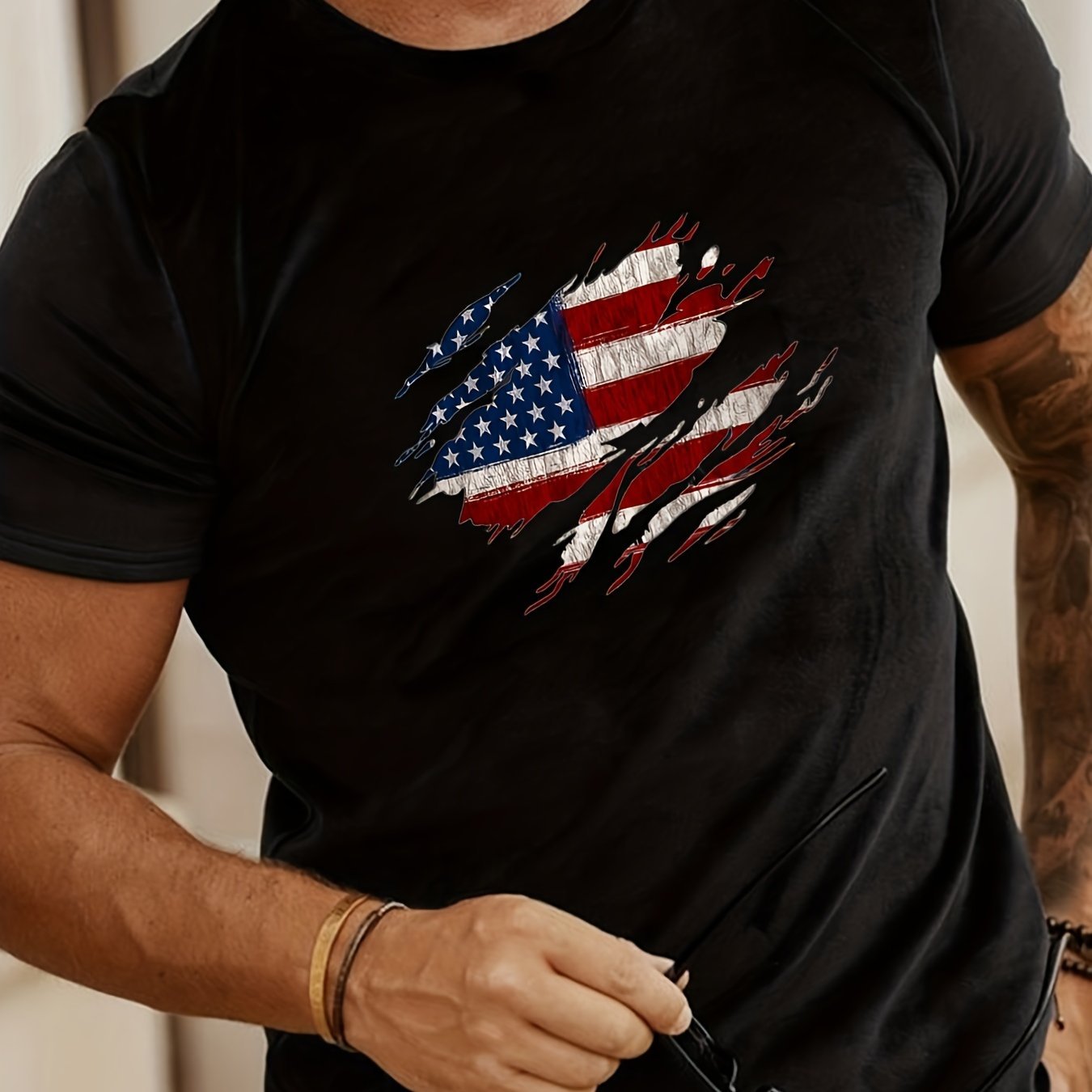 Fashionable American Flag Print Men's Comfortable And Chic T-shirt, Patterned T-shirt Men's Summer Outdoor Clothing, Men's Clothing, Men's Tops, Men's Gifts - LumiNest 
