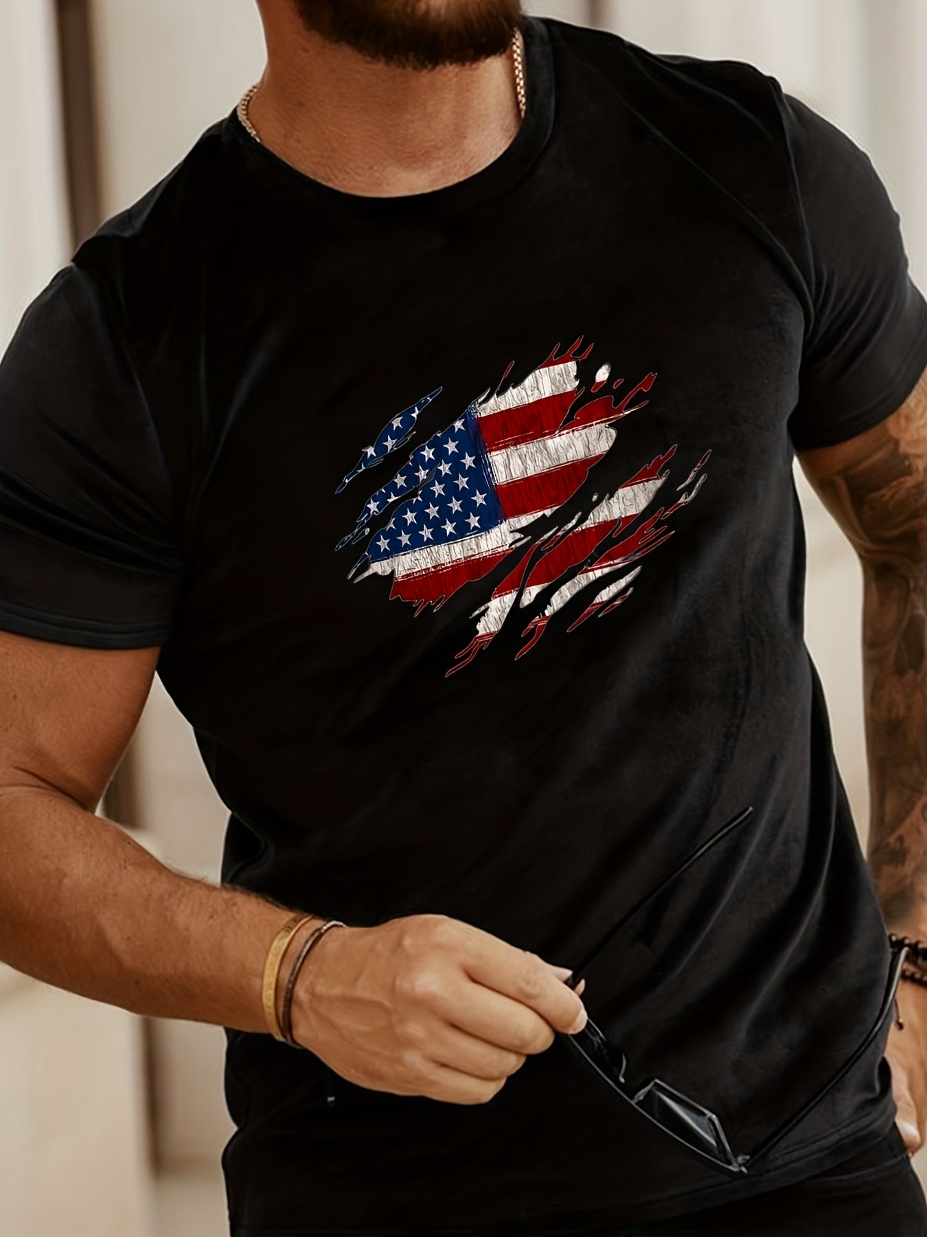 Fashionable American Flag Print Men's Comfortable And Chic T-shirt, Patterned T-shirt Men's Summer Outdoor Clothing, Men's Clothing, Men's Tops, Men's Gifts - LumiNest 
