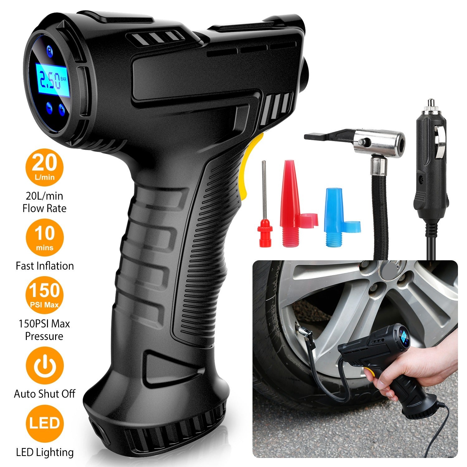 Portable Car Tire Inflator DC 12V Digital Car Air Compressor Electric Air Inflator With LED Light 150PSI - LumiNest 