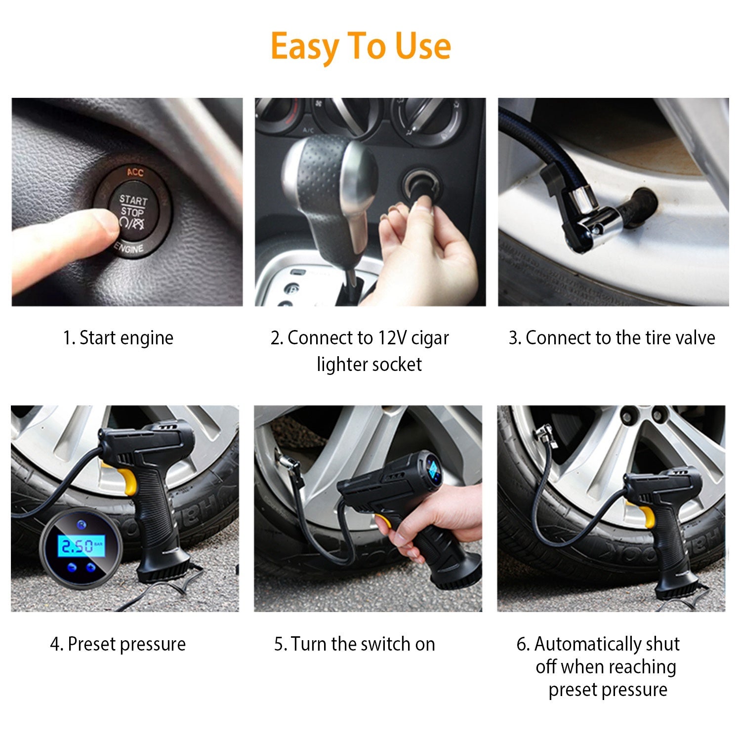 Portable Car Tire Inflator DC 12V Digital Car Air Compressor Electric Air Inflator With LED Light 150PSI - LumiNest 